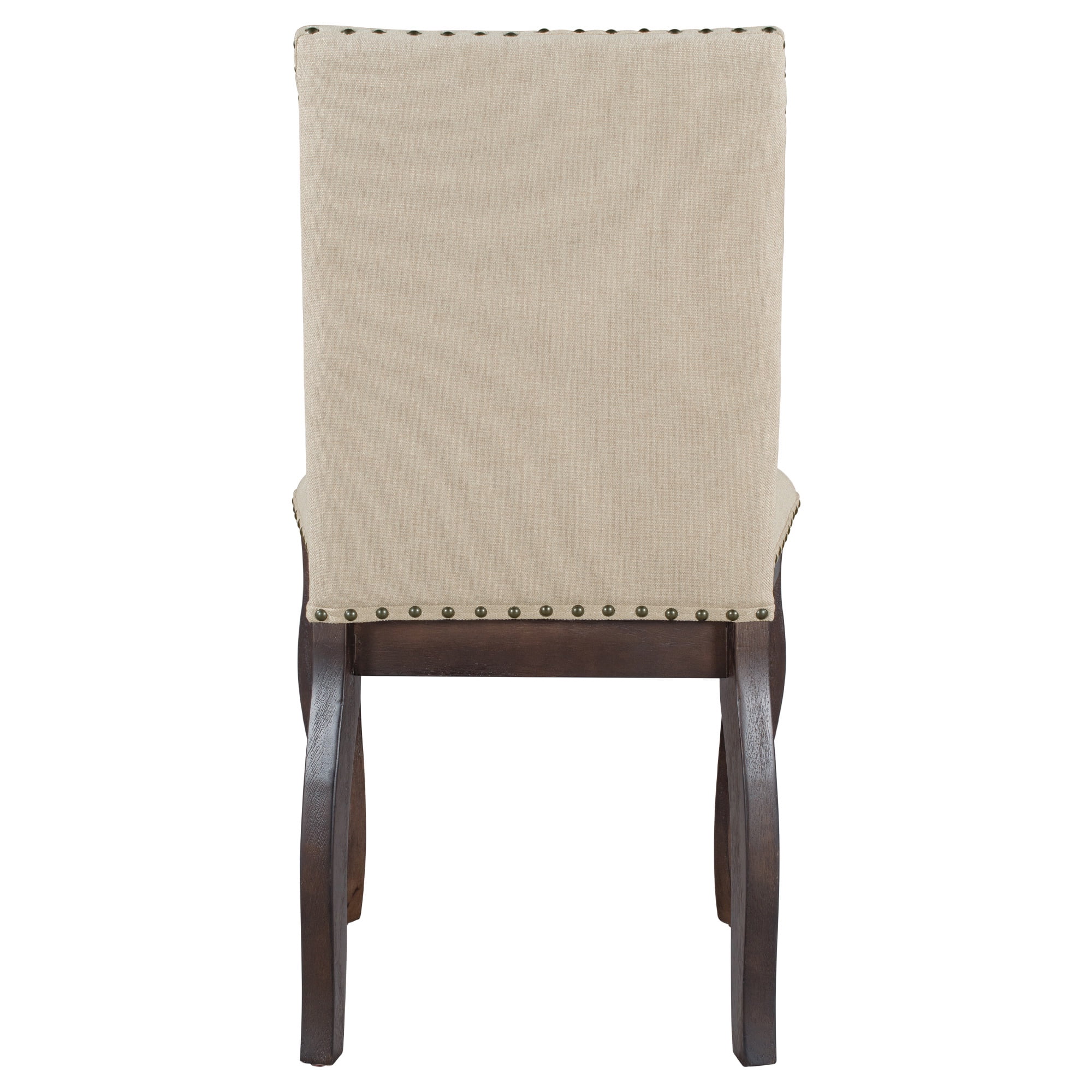 PORKISS Set of 2 Dining Chairs, High Back Upholstered Kitchen Chairs with Solid Wood Frame, Curved Legs and Bronze Nailhead Trim, Espresso Finish with White Fabric