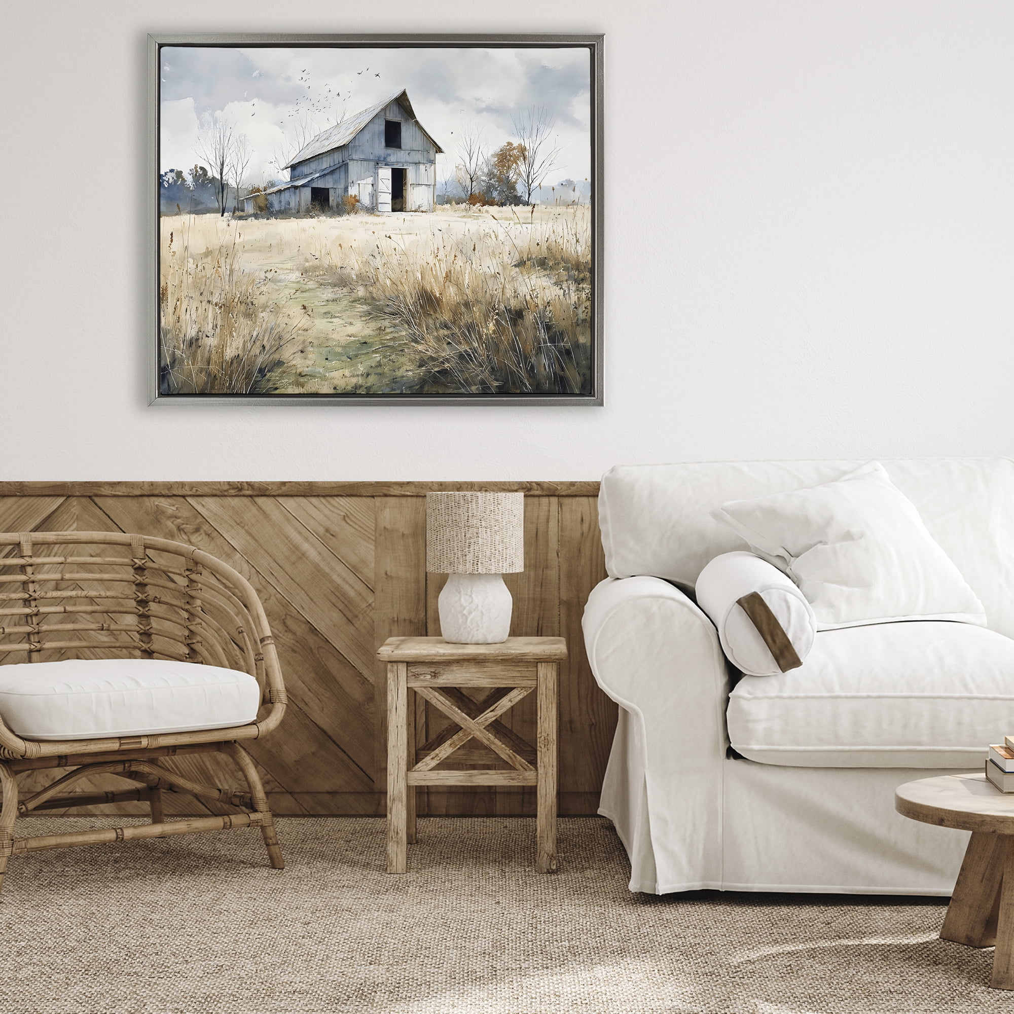 Stupell Industries Old Blue Barn in Farmland Gray Framed Floater Canvas Wall Art, design by Franklyn Gregory
