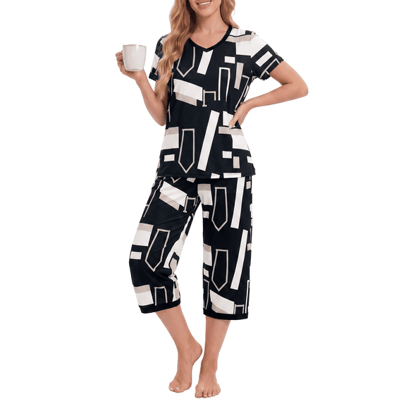 PatPat Pajamas for Women Set 2 Piece Lounge Sets V-neck Short Sleeve Pajama Top arnd Capri Pants, Black Geo, M