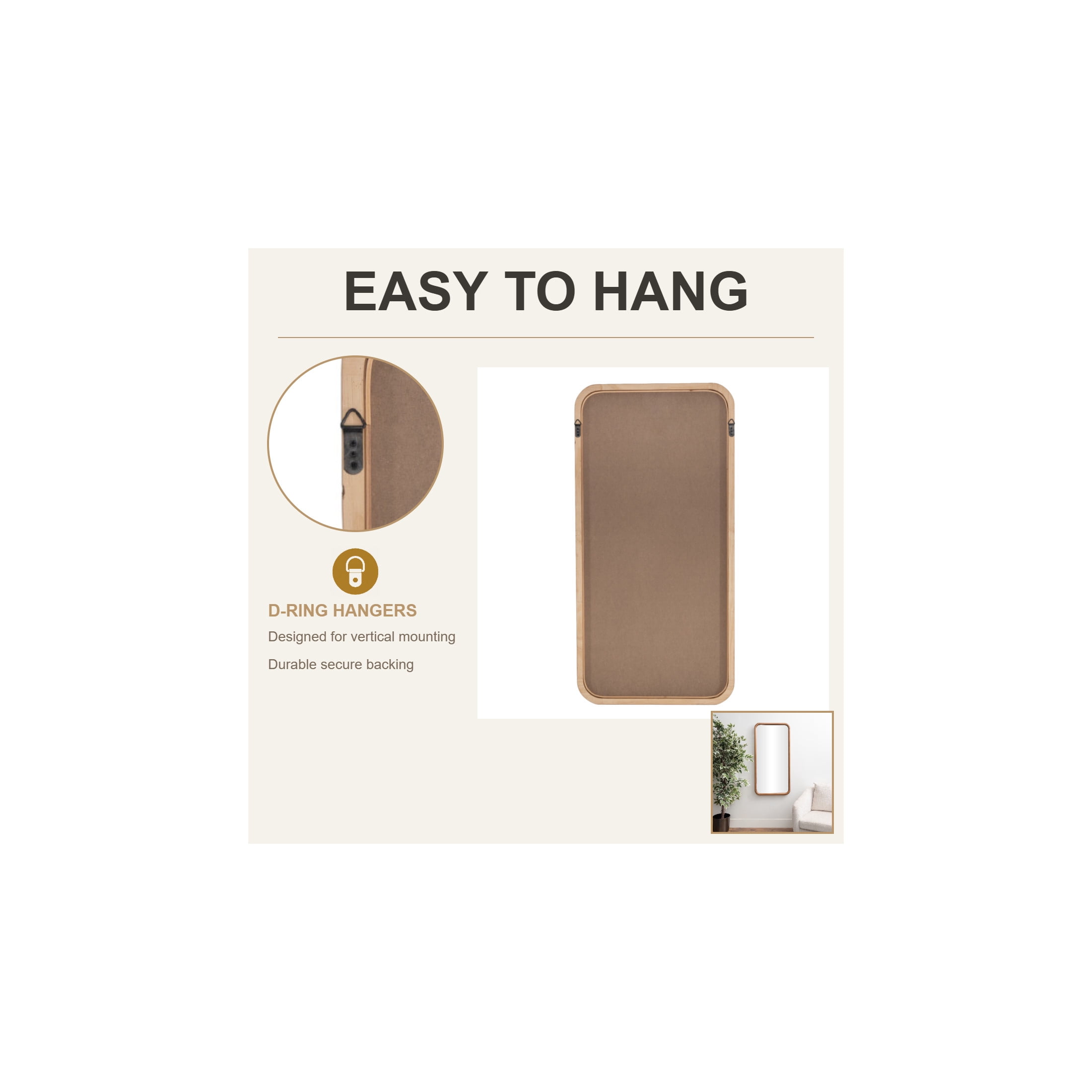 DecMode 24" x 47" Brown Handmade Wall Mirror with Natural Wood Grain and Deep Set Frame