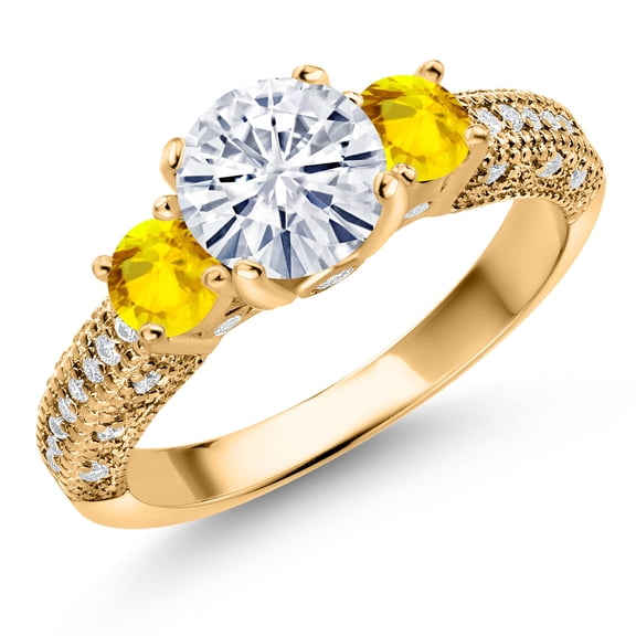 Gem Stone King 18K Yellow Gold Plated Silver White Moissanite and Yellow Sapphire Engagement Ring for Women (2.00 Cttw, Gemstone, Round 7MM and 4MM, Size 5)