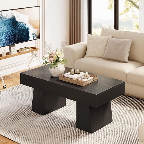Finmind 47" Modern Coffee Table, Wood Rectangular Center Tables for Living Room, Black
