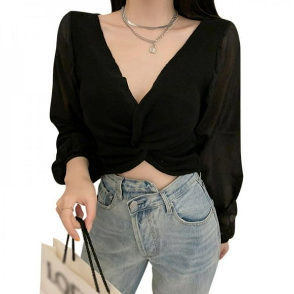 Linamei Nouveau Haut d'Été pour Femmes Col en V Croisé Noué Nombril Exposé en Chiffon Tricoté