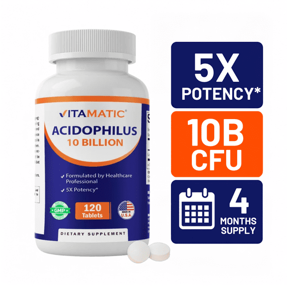 Vitamatic Acidophilus Probiotic - 10 Billion CFU - 5X Potency - Daily Probiotic Supplement, Supports Digestive Health - 120 Tablets