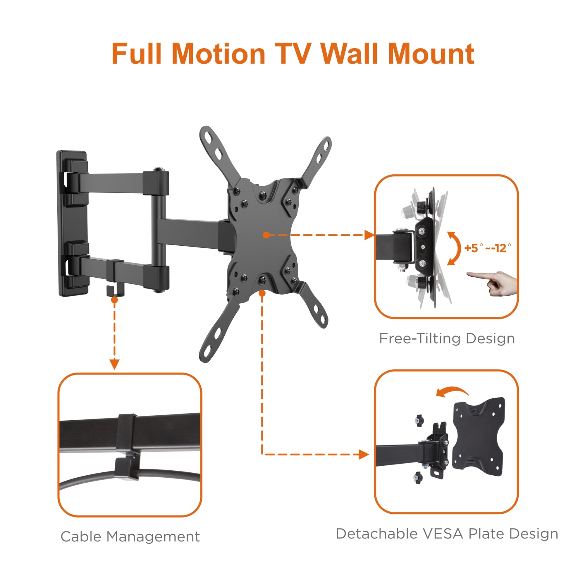 Link2Home Full Motion TV Wall Mount for 13''-47'' Flat Panel TVs, Up to 30 lbs.