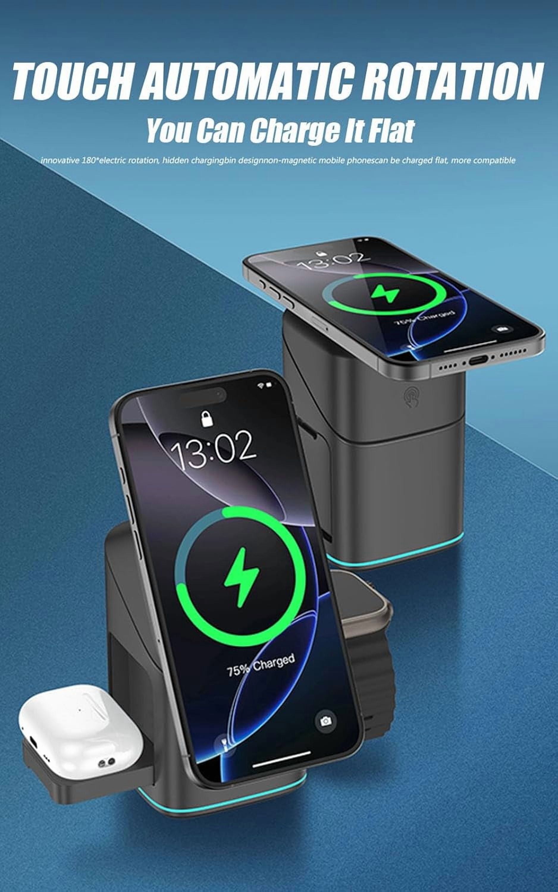 3-in-1 Wireless Charger-Wireless Multi-Device Charging Touch Pop-Up Charging, 15W Fast Charger for iPhone, Samsung, AirPods & Smartwatch | Qi-Certified, Multi-Device Desk Organizer (Black)