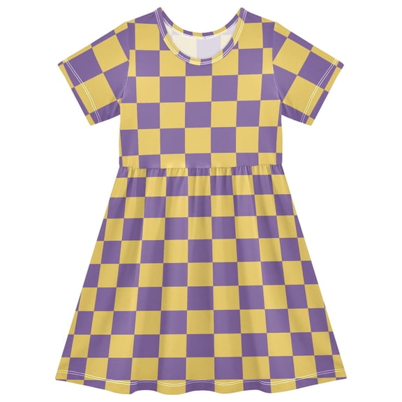 Purple Yellow Checked Short Sleeve Dress A-Line Cute Midi Casual Sundress 2-8 Years