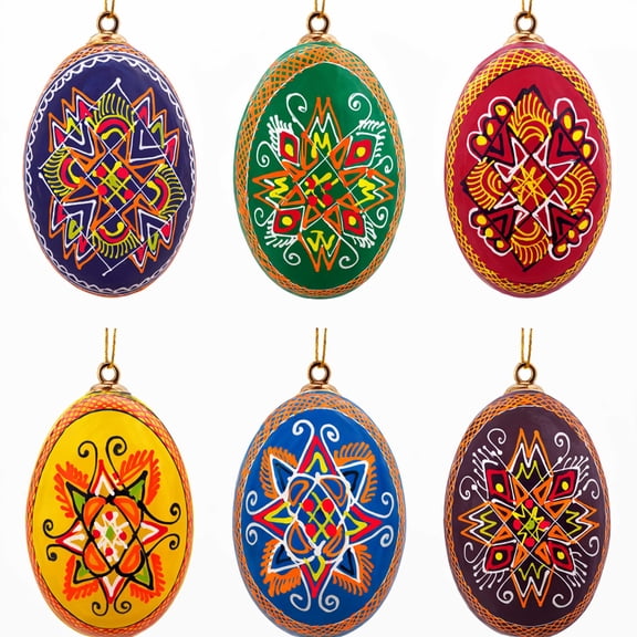 Set of 6 Hand Painted Wooden Ukrainian Easter Egg Ornaments 2.5 Inches