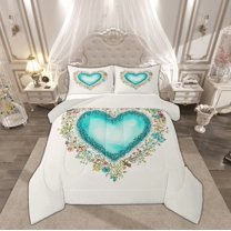 Manfei Vintage Cyan Love Heart Queen Comforter Set, Western Rustic Flower Bedding Sets, Teen Kid Child Adult Reversible Bedding Comforter Set, Lightweight Room Decor, 3pcs