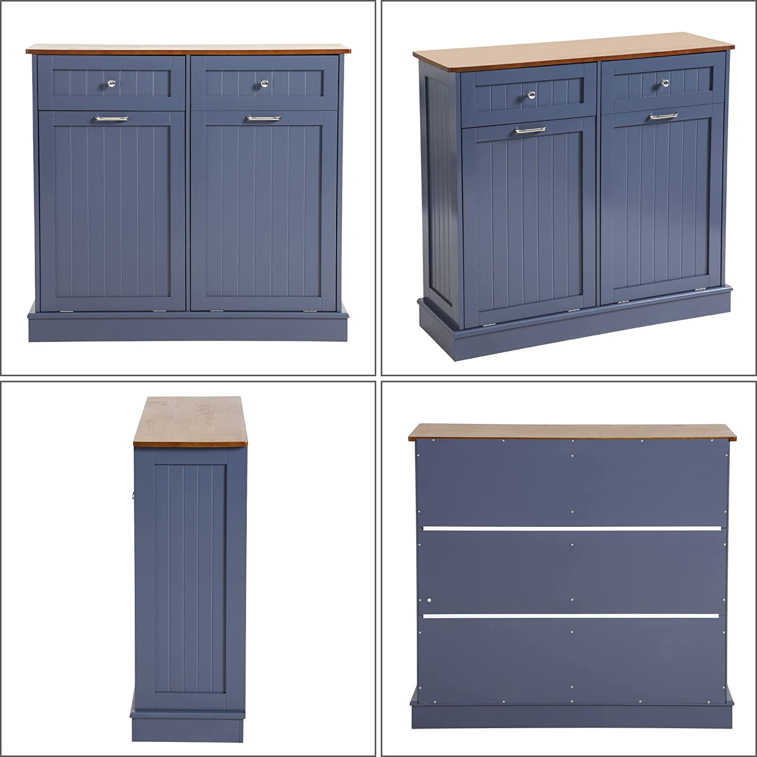 KIGOTY Dual Kitchen Trash Cabinet, Double Tilt Out Trash Can Cabinet with Countertop and Drawer, Free-Standing Pet Proof Recycling Cabinet Garbage Can Holder (Blue)