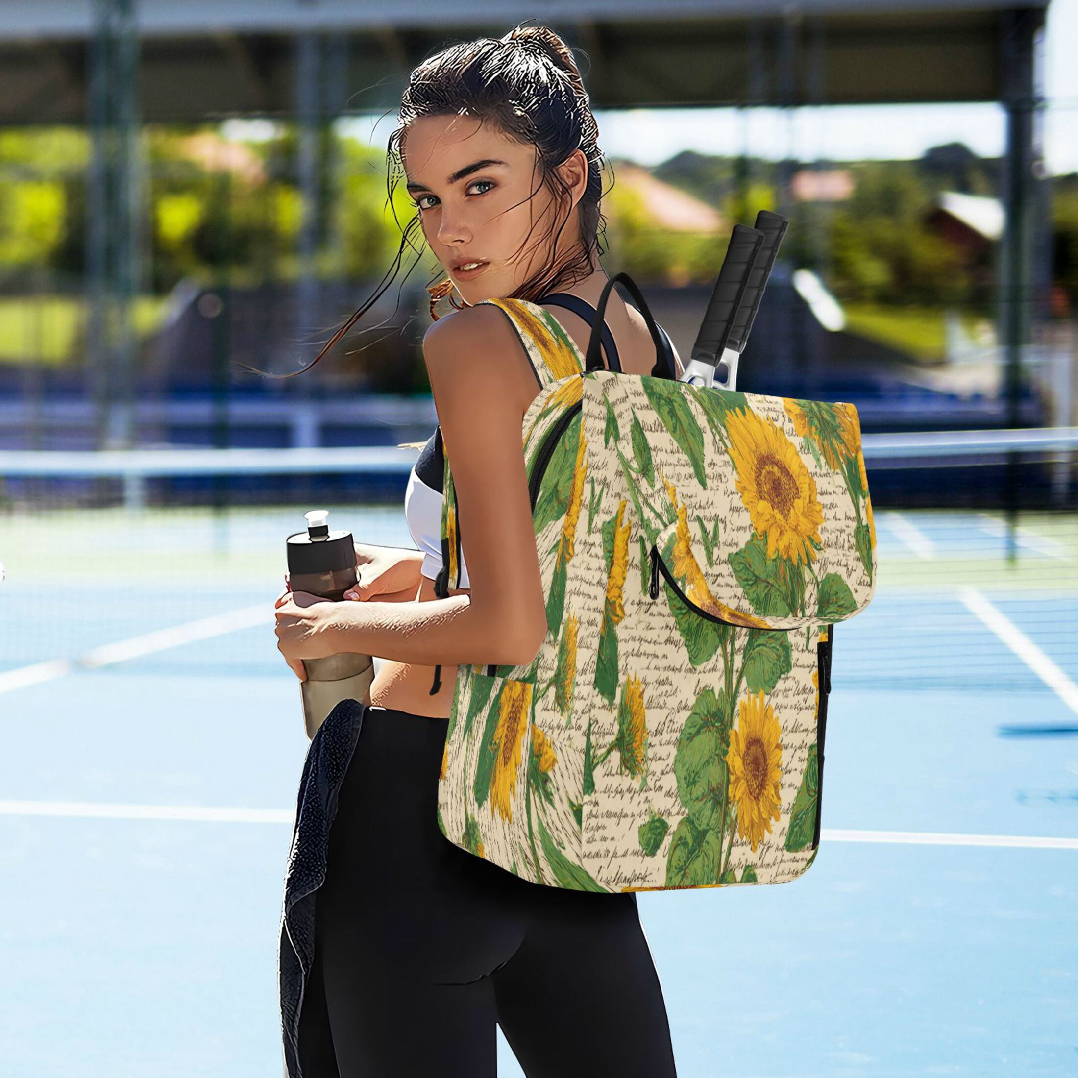 2 Racquet Holder Tennis Backpack Tennis Racket Covers Gym Bags Retro-chic Sunflowers