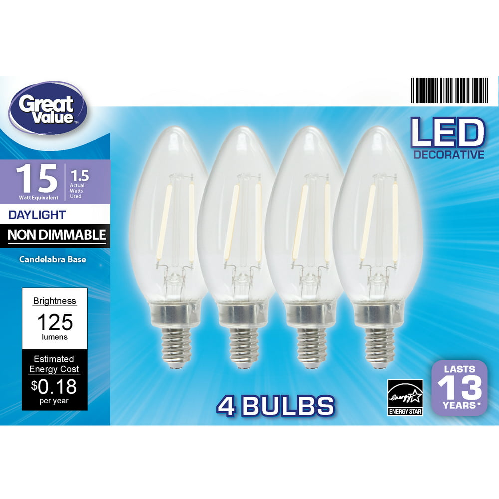 Great Value LED Light Bulb, 1.5 Watts (15W Equivalent) B10 Deco Lamp E12 Candelabra Base, Non