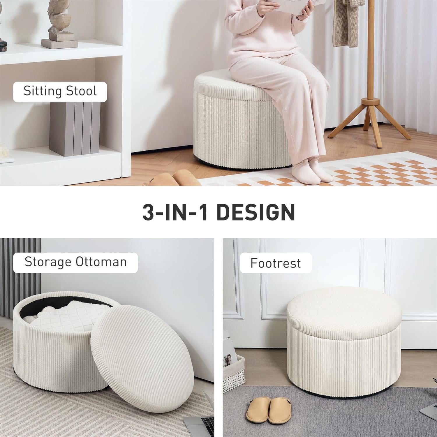 Demi Bonn 23" Round Storage Ottoman Stool with Lid, Upholstered Corduroy for Living Room, Bedside Footrest, Storage Stool, Beige