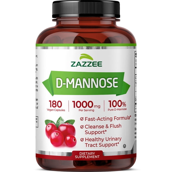 Zazzee D-Mannose 1000 mg – Supports Urinary Tract Health – 100% Pure – 180 Capsules