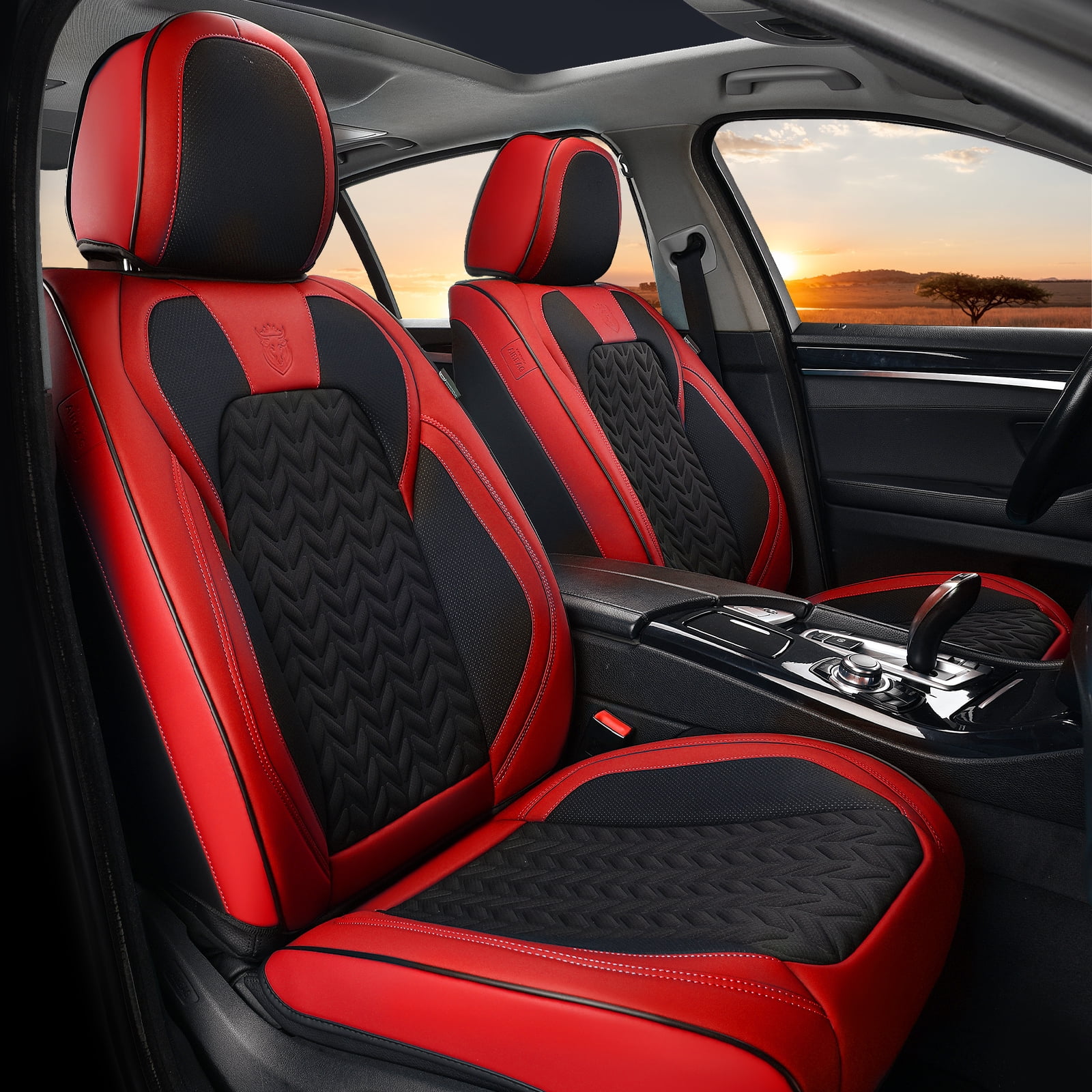 Coverado Black&Red Car Seat Covers Full Set, Faux Leather Seat Protectors with Embossed Grains, Front and Back Auto Cushions Universal Fit Most Cars, Sedans, SUVs and Trucks