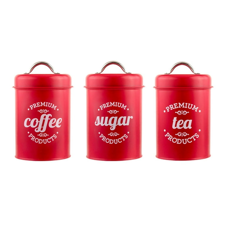 Set Of 3 Airtight Kitchen Canisters For Sugar, Coffee, Tea - 1200ml Each, Turquoise/Pink, Metal With Labels