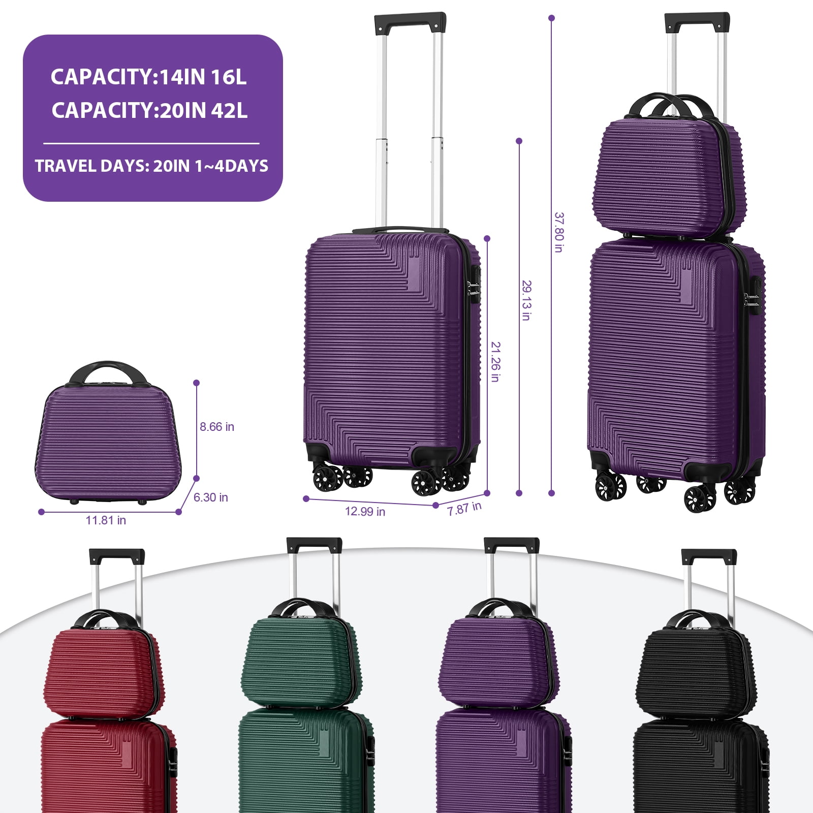 Diagonal Stripe Luggage ABS 2-Piece Set (14"+20") Purple
