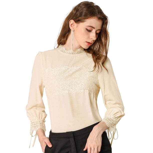 INSPIRE CHIC Blusa Panel De Encaje Cuello Simulacro Mangas 3/4 Para Mujer Beige XL