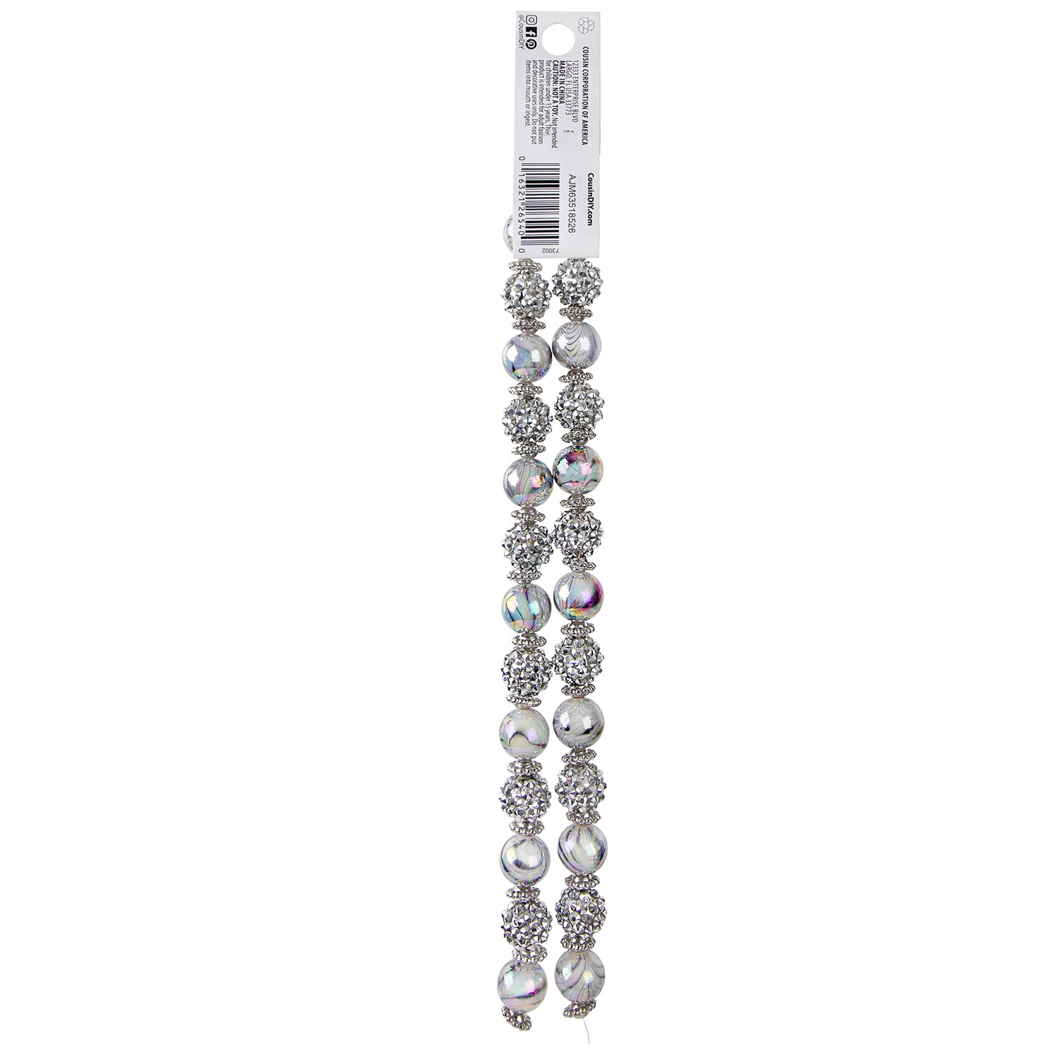 (2 pack) Cousin DIY 17-Inch Acrylic Shamballa Loose Bead Strand - 62 Silver and White Beads - Unisex Crafting Supplies
