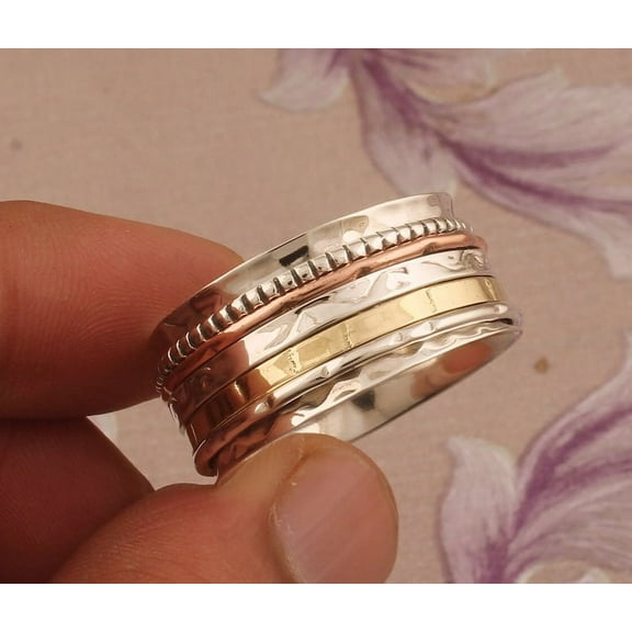 SS DESIGNS Solid 925 Sterling Silver Ring Hand Hammered Silver Spinning Ring Handmade Three Tone New Ring gift Idea