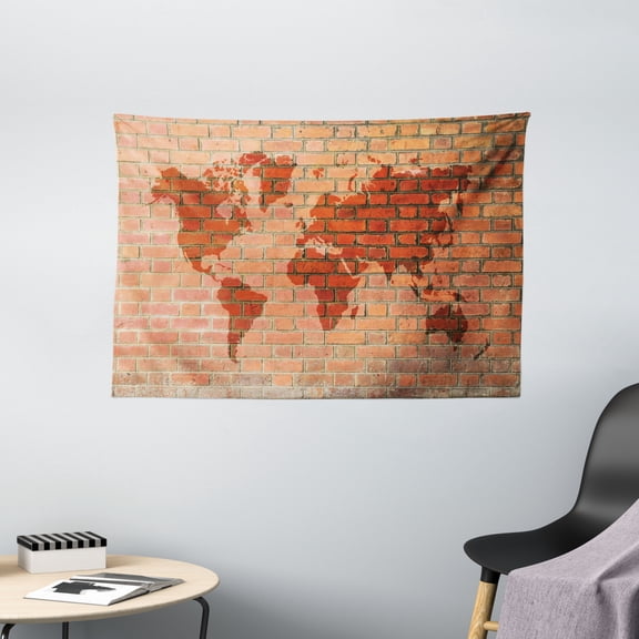 Rustic Home Decor Tapestry, Brick Wall with World Atlas Map Reflection Pattern Contemporary Artful Scene, Wall Hanging for Bedroom Living Room Dorm Decor, 60W X 40L Inches, Orange, by Ambesonne