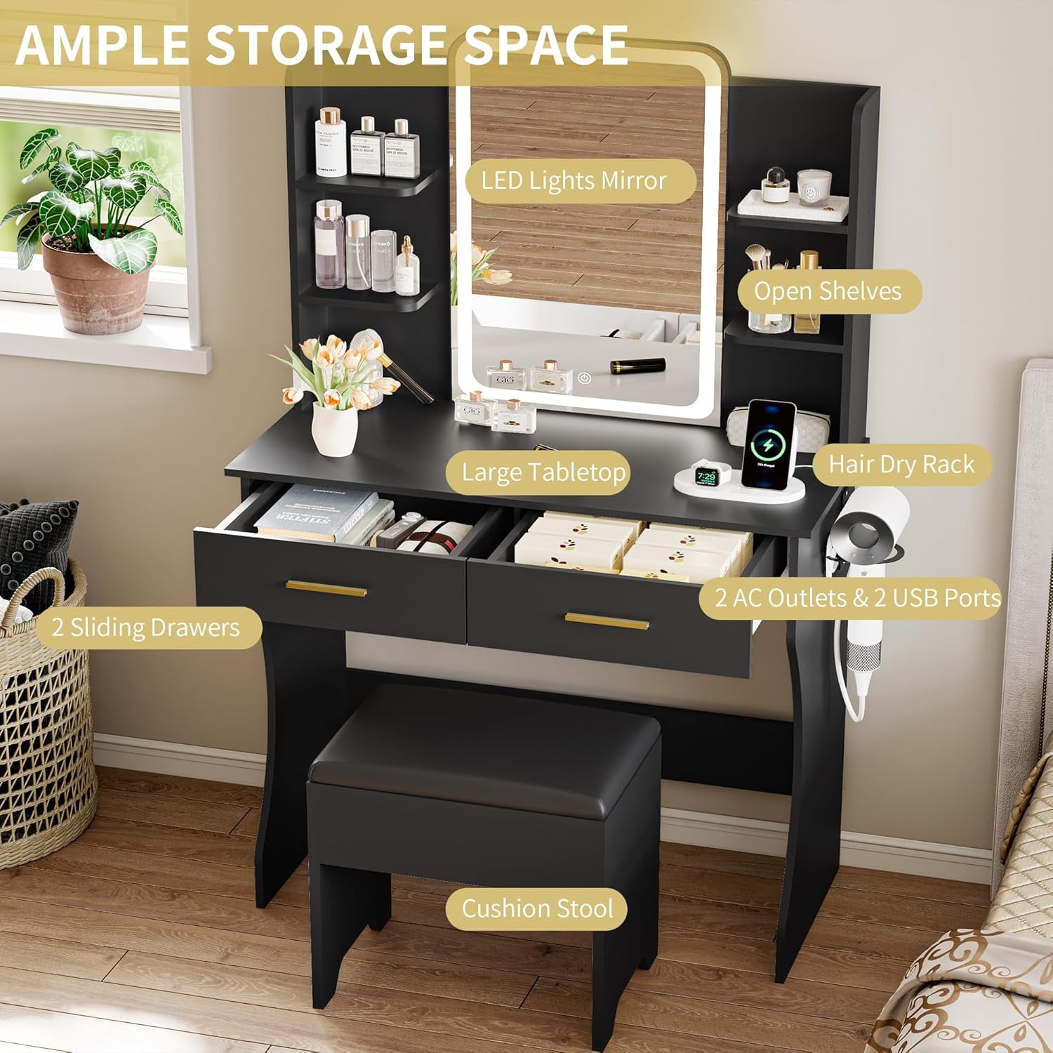 FANRAL Vanity Set with Mirror and Lights,31.5" Small Vanity Bedroom Vanity Desk,Makeup Vanity with Chair & Drawers & Power Outlet,Black Vanity