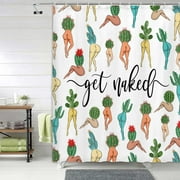 Funny Cactuc Butt Shower Curtain, Fun Cute Sexy Butt 70S 80S Fabric Shower Curtain Set, Funky Hippie Psychedelic Aesthetic Colorful Unique White Western Boho Shower Curtain 70X70IN Get Naked