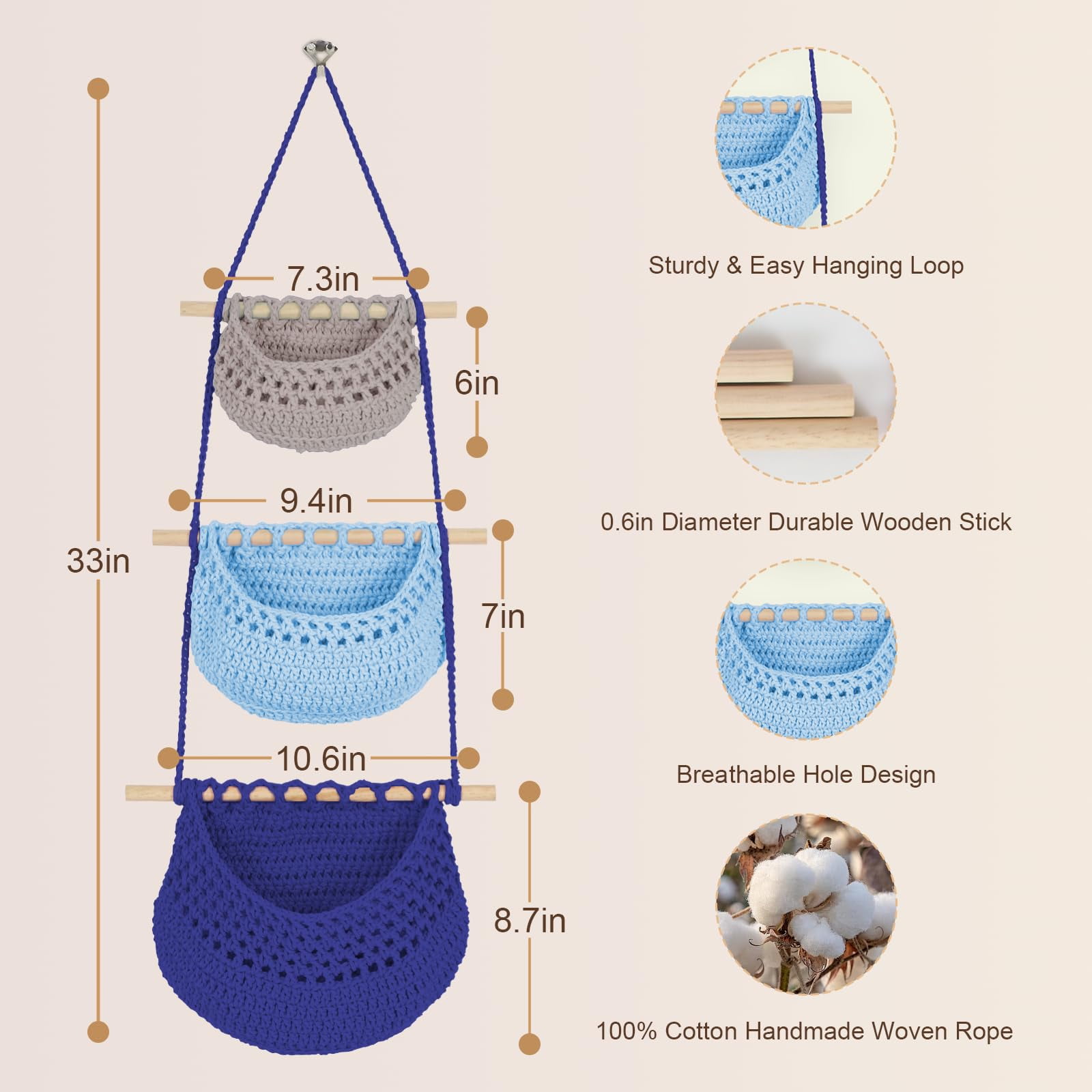 Hanging Fruit Basket, 3 Tier Detachable Wall Hanging Basket Over the Door Organizer for Fruit Vegetable Plant Decor, Gray Blue Boho Handwoven Cotton Rope Fruit Basket for Kitchen Bathroom Bedroom