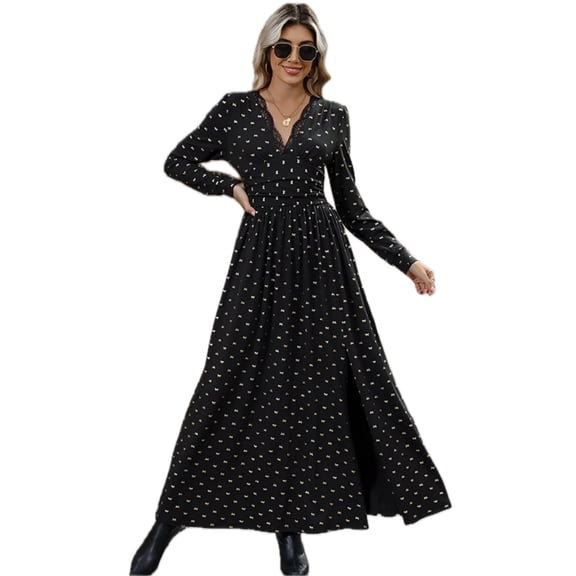 Women's Bow Long Sleeve V Neck Maxi Dress with Ruched Lace Detail and Slit for Elegant Occasion and Comfortable Wear