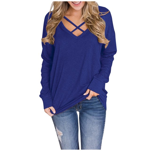 Women`s Multiple Color Exquisite Flowy Nature V-neck Solid Color Long Sleeve Polyester Blouse(Blue,XXL)