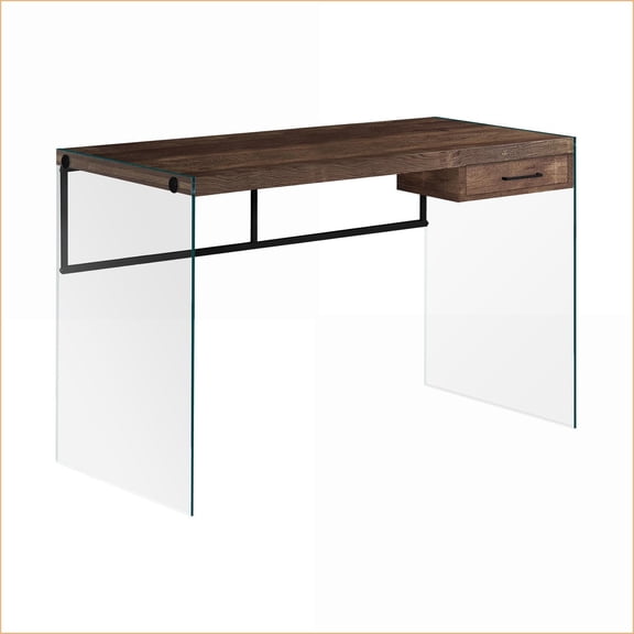 Desks, Modern 48" Computer Desk with Storage Drawer, Clear Tempered Glass Top | Brown | Particle Board