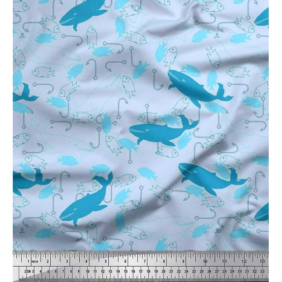 Soimoi Cotton Cambric Fabric Fishing Hook,Fish & Whale Ocean Fabric Prints by Yard 42 Inch Wide