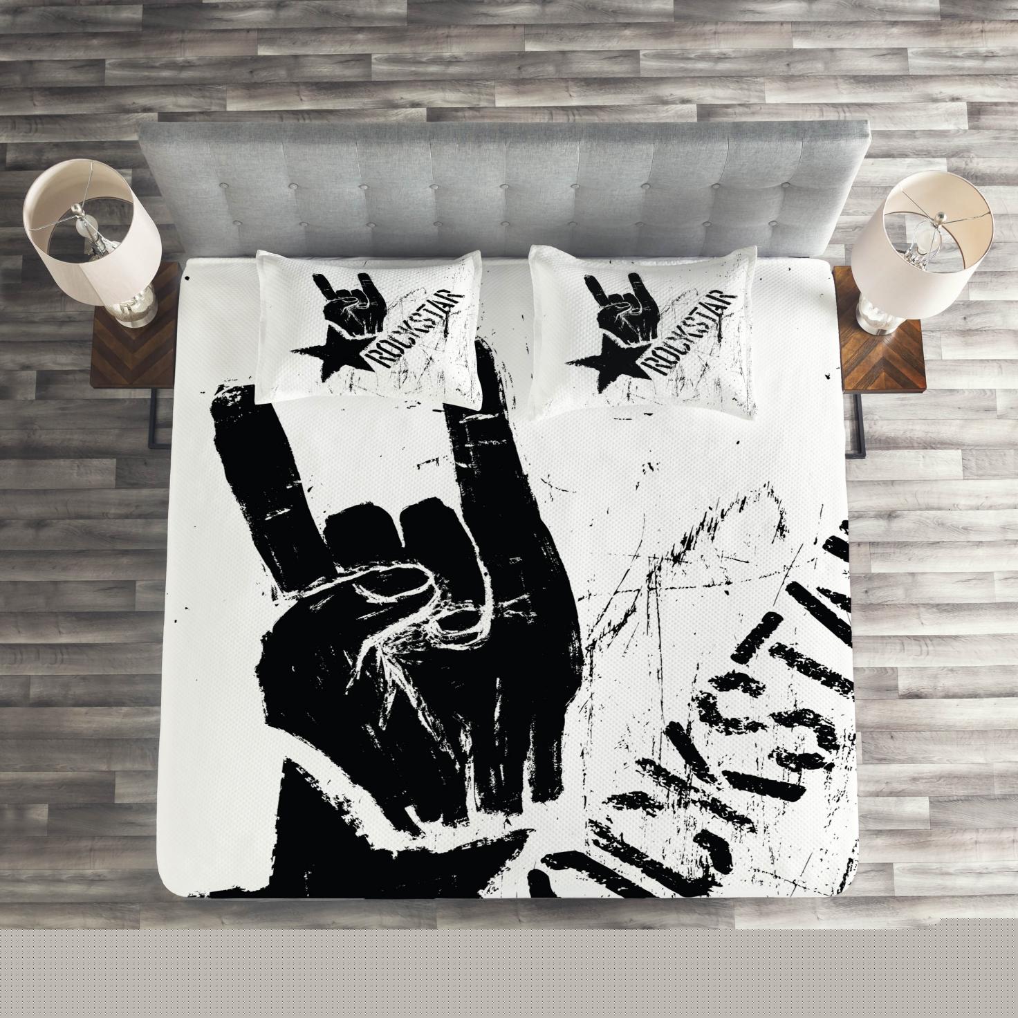 thumbnail image 2 of Ambesonne Rock Quilted Coverlet 3 Pcs, Grunge Effect Hand Star, King Size, Pale Grey and Black, 2 of 2