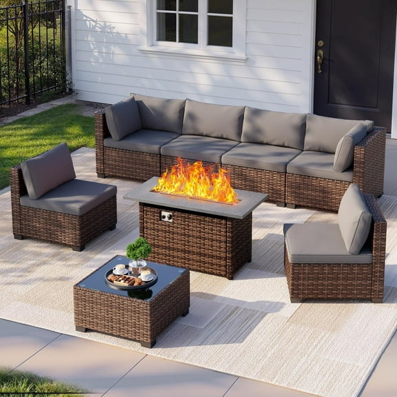 Noelse 8 Piece Outdoor Patio Furniture Set with 45" Propane Gas Fire Pit Table, Outdoor Sectional Conversation Set Wicker Rattan Sofa Set with Coffee Table, Gray
