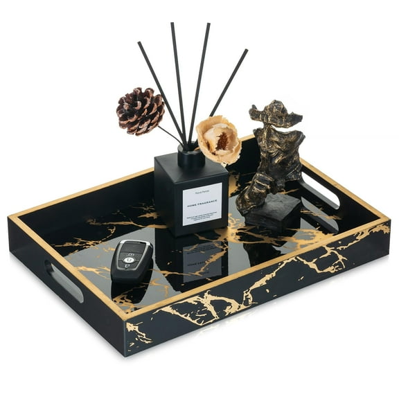 Hanobe Black Marble Decoative Tray for Decor -Modern Elegant 13"x9.5" Rectangle Black Tray with Handle Gold for Kitchen Counter Decor, Coffee Bar Tray Ottoman Tray for All Occasions
