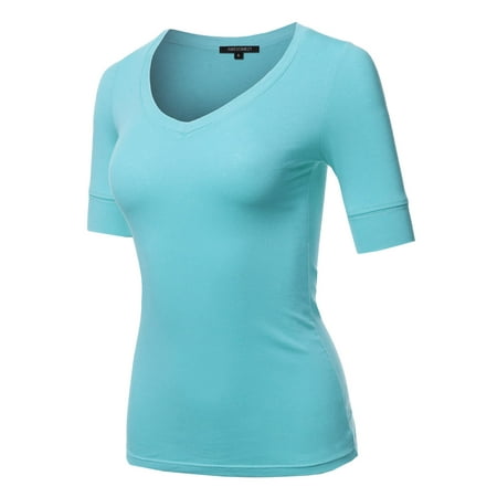 - FashionOutfit Women's Solid Elbow Sleeves V-Neck Casual Basic Cotton Based Top