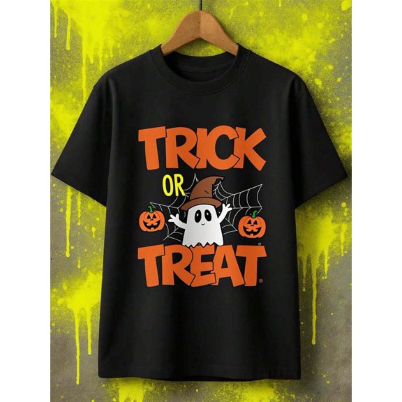 Men's & Women's Black Halloween Trick Or Treat T-Shirt -With Orange Lettering & Pumpkin Bat Print, Trick-Or-Treating & Casual Attire