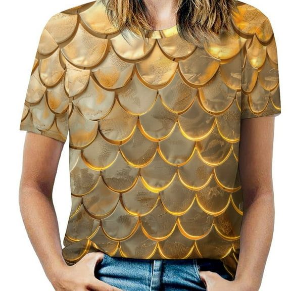 Mermaid Fish Scales Womens Tops Women's Fashion Casual Short Sleeve Flower Print Round Neck Pullover Top Blouse