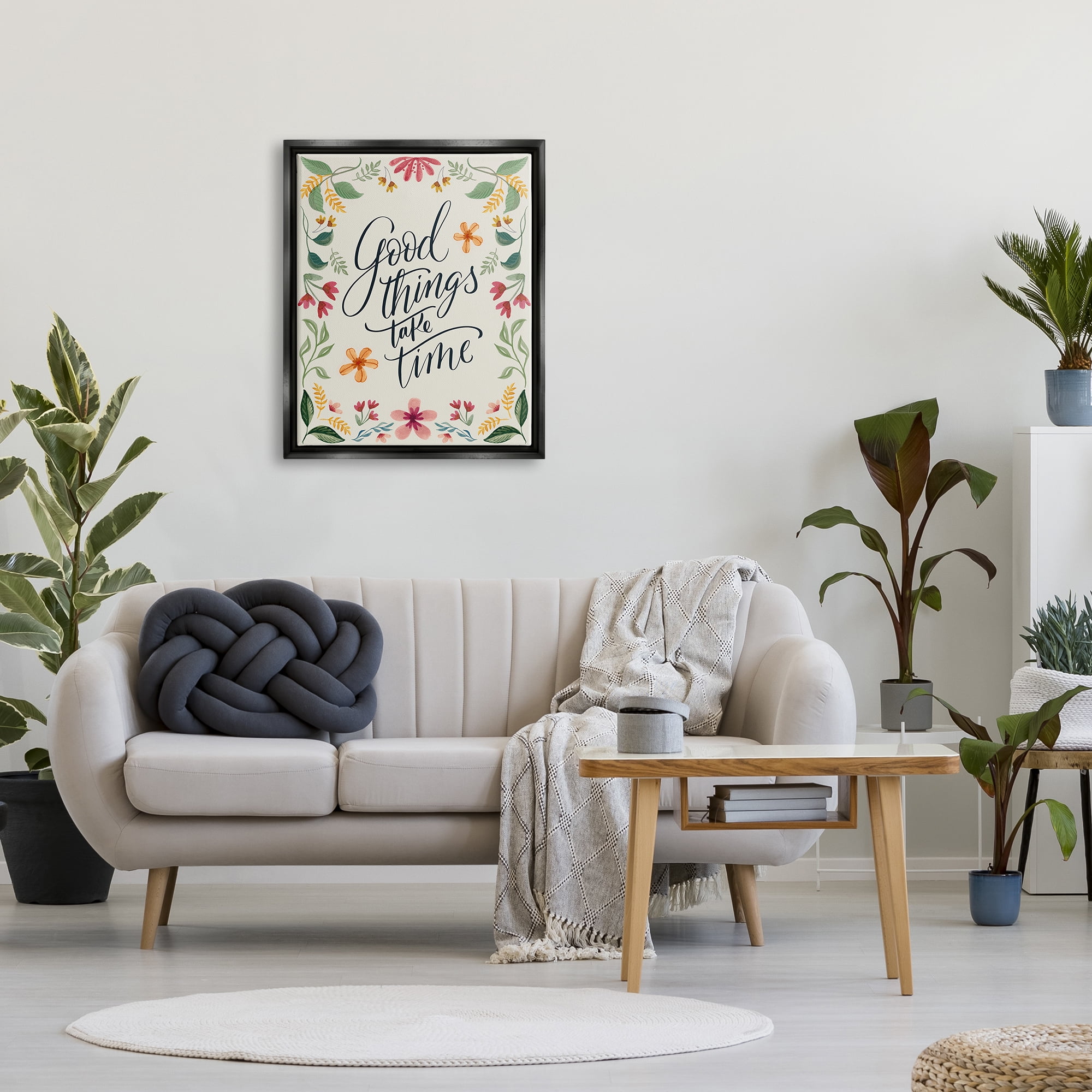 Stupell Industries Good Things Take Time Phrase Botanical & Floral Painting Black Floater Framed Canvas Art Print Wall Art, 25 x 31