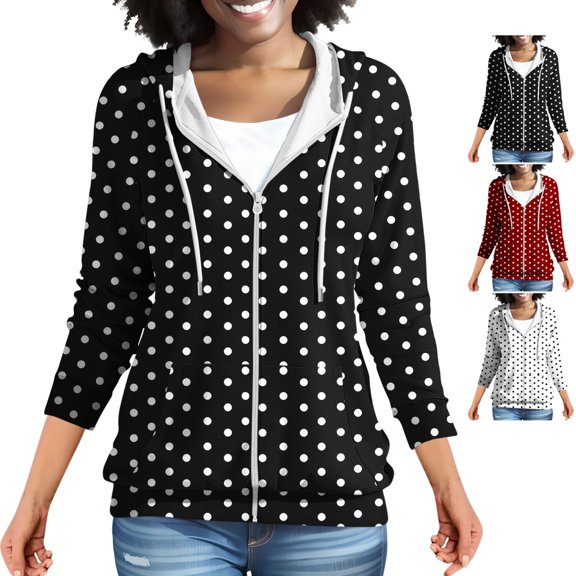 TGSLY Polka Dot Drawstring Hoodies for Women Lightweight Full Zip Long Sleeve Sweatshirt Relaxed Casual Fall Winter Outer Jacket with Pocket XXL