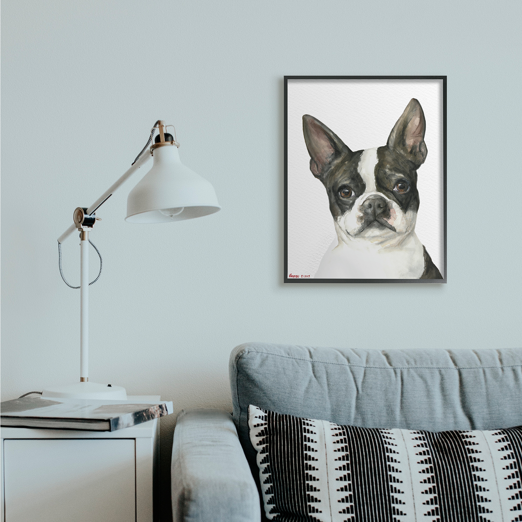 Stupell Industries Curious Boston Terrier Portrait Pet Dog Watercolor Animals & Insects Painting Black Framed Art Print Wall Art, 24 x 30