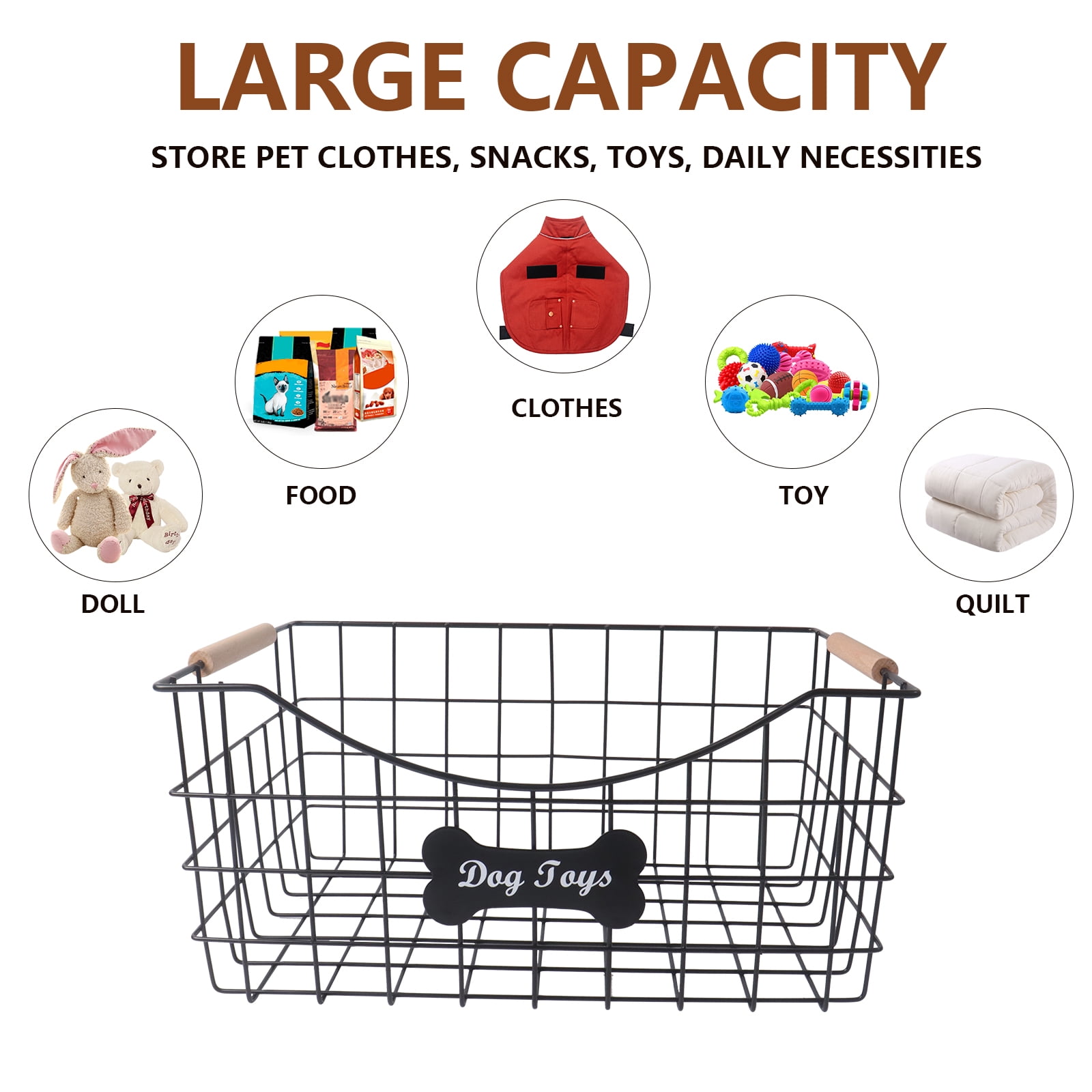 Brabtod Metal Wire Dog Toy Storage Basket - Rectangular Large-Capacity Organizer with Wooden Handles for Pet Toys, Treats, Leashes & Plushies