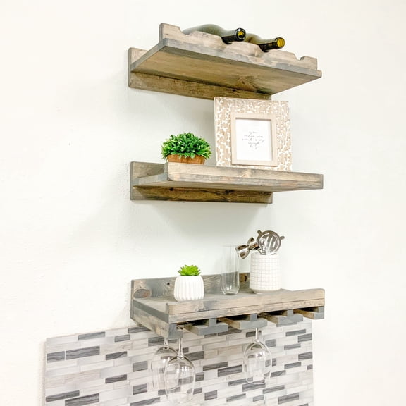 Rustic Luxe Tiered Wall Mount Wine Rack and Stemware Glass Holder Set