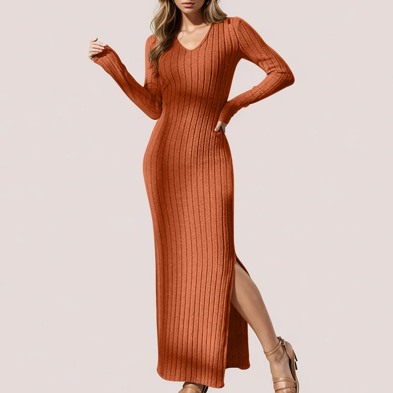 knee length dresses for ladies Solid Color Long Sleeve Knitted Maxi Bodycon Sweater Dress, Burgundy / L