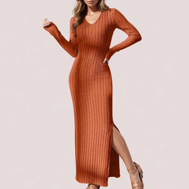 Offres de Liquidation d'Automne! Robes d'Invité de Mariage d'Automne, Robe à Rayures à Manches Longues et Col en V pour Femmes, Couleur Unie, Tricotée, Ajustée, Rouge TTG