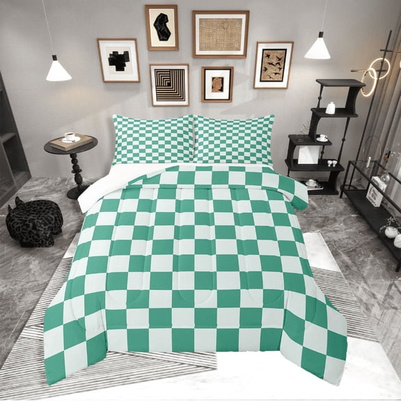 Erosebridal Buffalo Square Bedding Twin Comforter Set,Green Teal Down Comforter,Geometric Decoration,Lightweight,2-Piece
