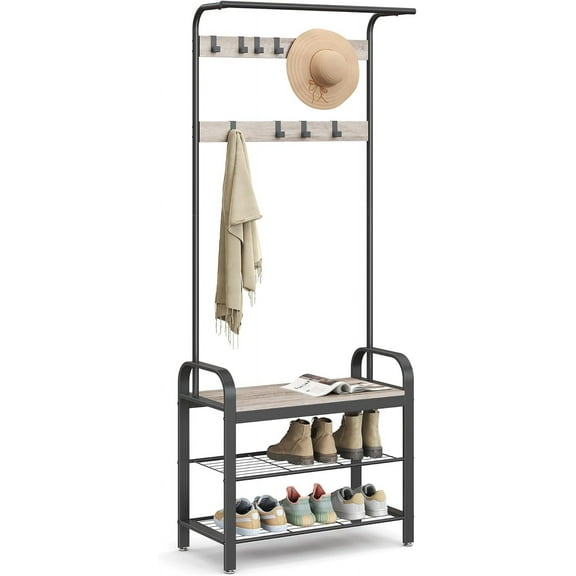 Hyxoo Coat Rack, Hall Tree with Shoe Bench for Entryway, Entryway Bench with Coat Rack, 4-in-1, with 9 Removable Hooks, a Hanging Rod, 13.3 x 28.3 x 72.1 Inches, Greige and Black