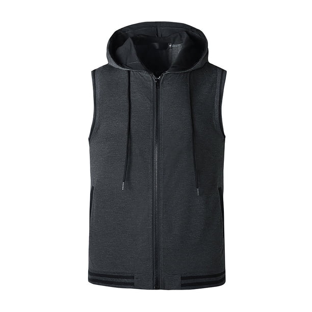 Ceisia Men's Hooded Zip-Up Sports Vest Summer Sleeveless Athletic Hoodie with Striped Hem Dark Gray L Gifts