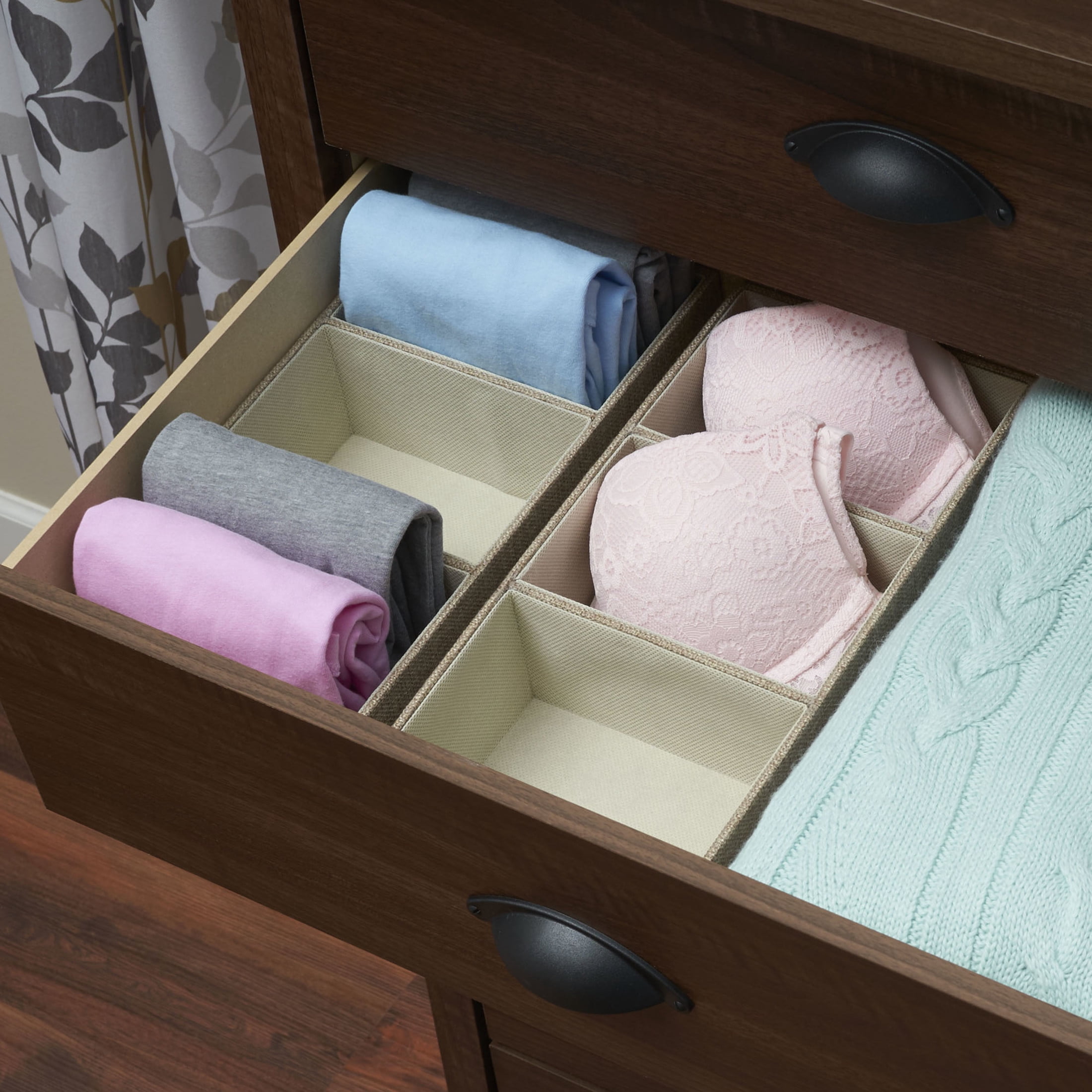 Household Essentials Organizer Tray, Accessory Organizer, Sturdy Drawer Organizer with Fabric Covering and Three Compartments, Tan