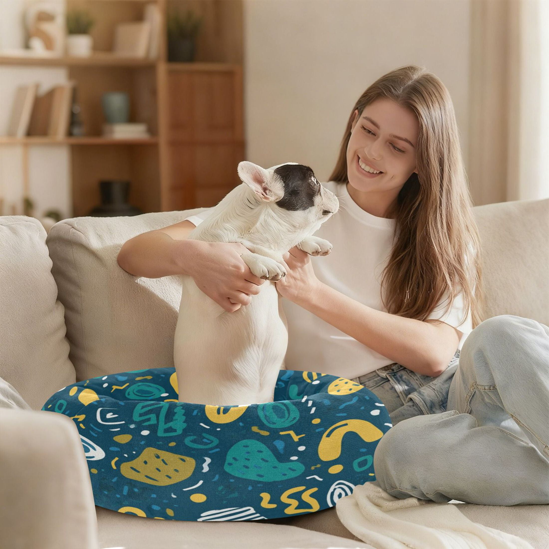 Iauyy Pet Couch Donut Cat Bed for Indoor Cats/Small Dogs Washable & Machine with Non-slip Bottom Calming Cat Furniture, Teal Mustard Yellow (M)